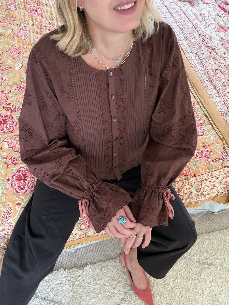 Edie Romantic Lace Boho Blouse Soft Brown