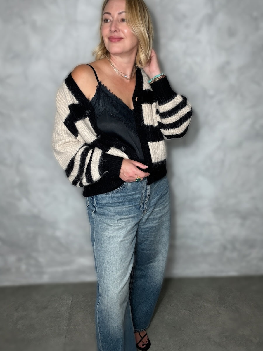 Joni Wide Stripe Wool Cardigan Black Beige