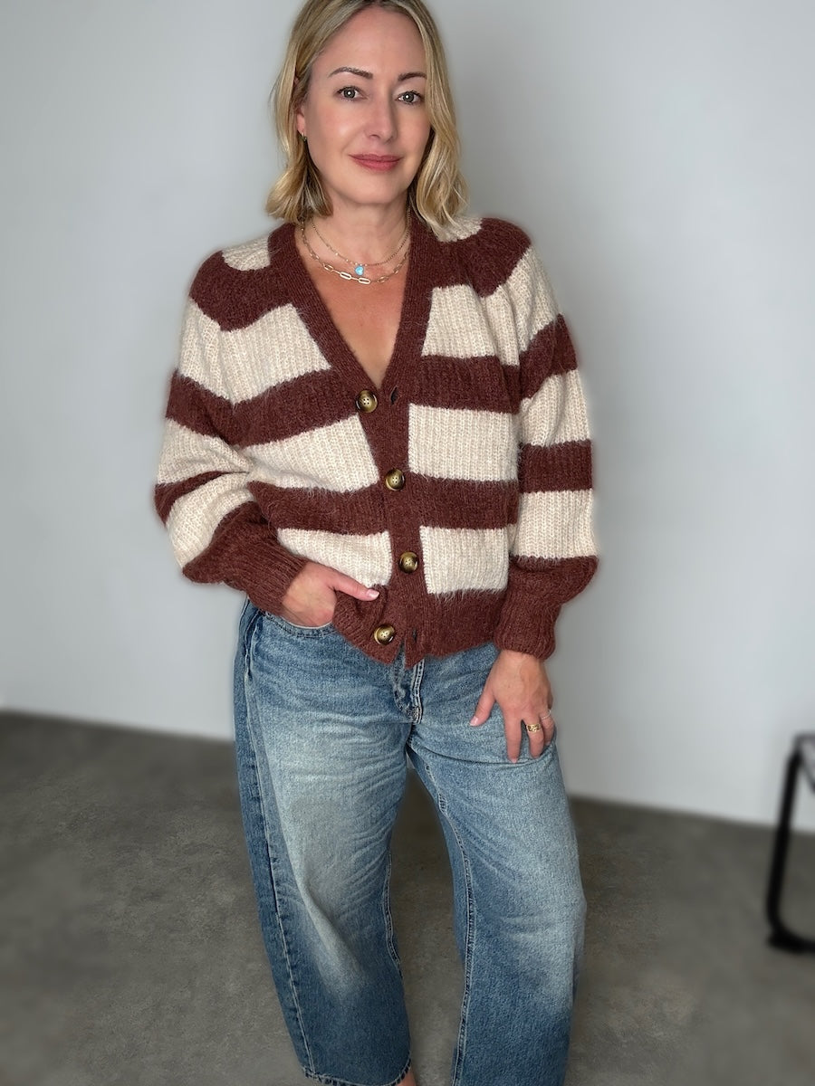 Joni Wide Stripe Wool Cardigan Brown Beige
