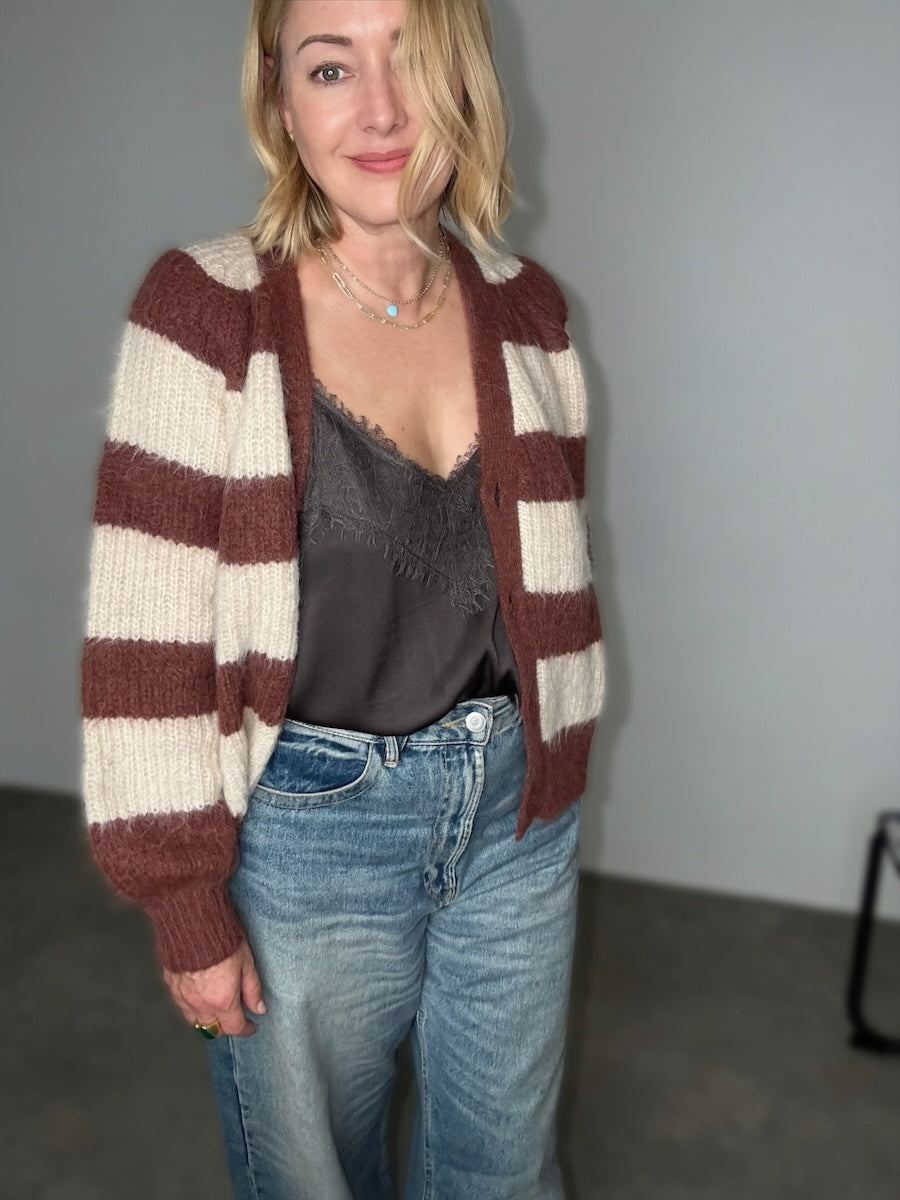 Joni Wide Stripe Wool Cardigan Brown Beige
