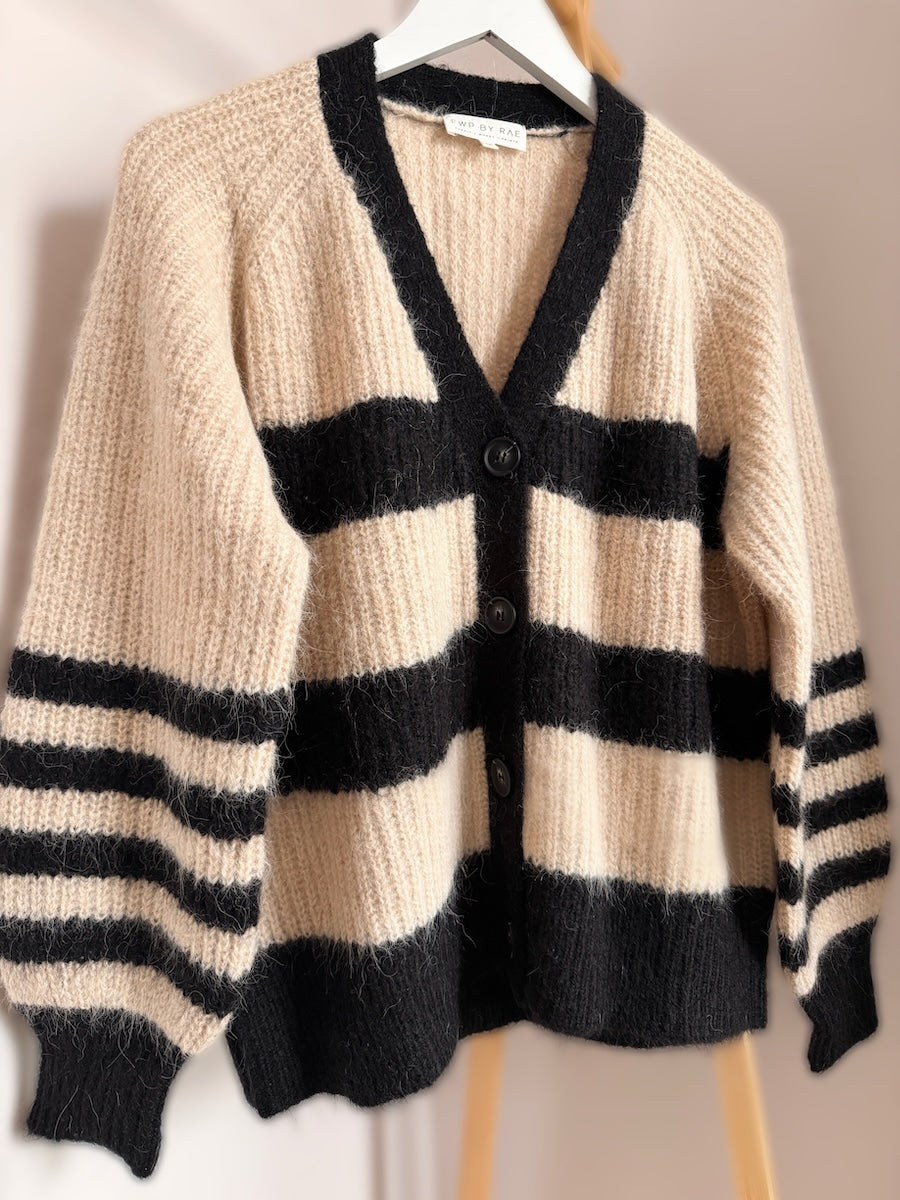Joni Wide Stripe Wool Cardigan Black Beige