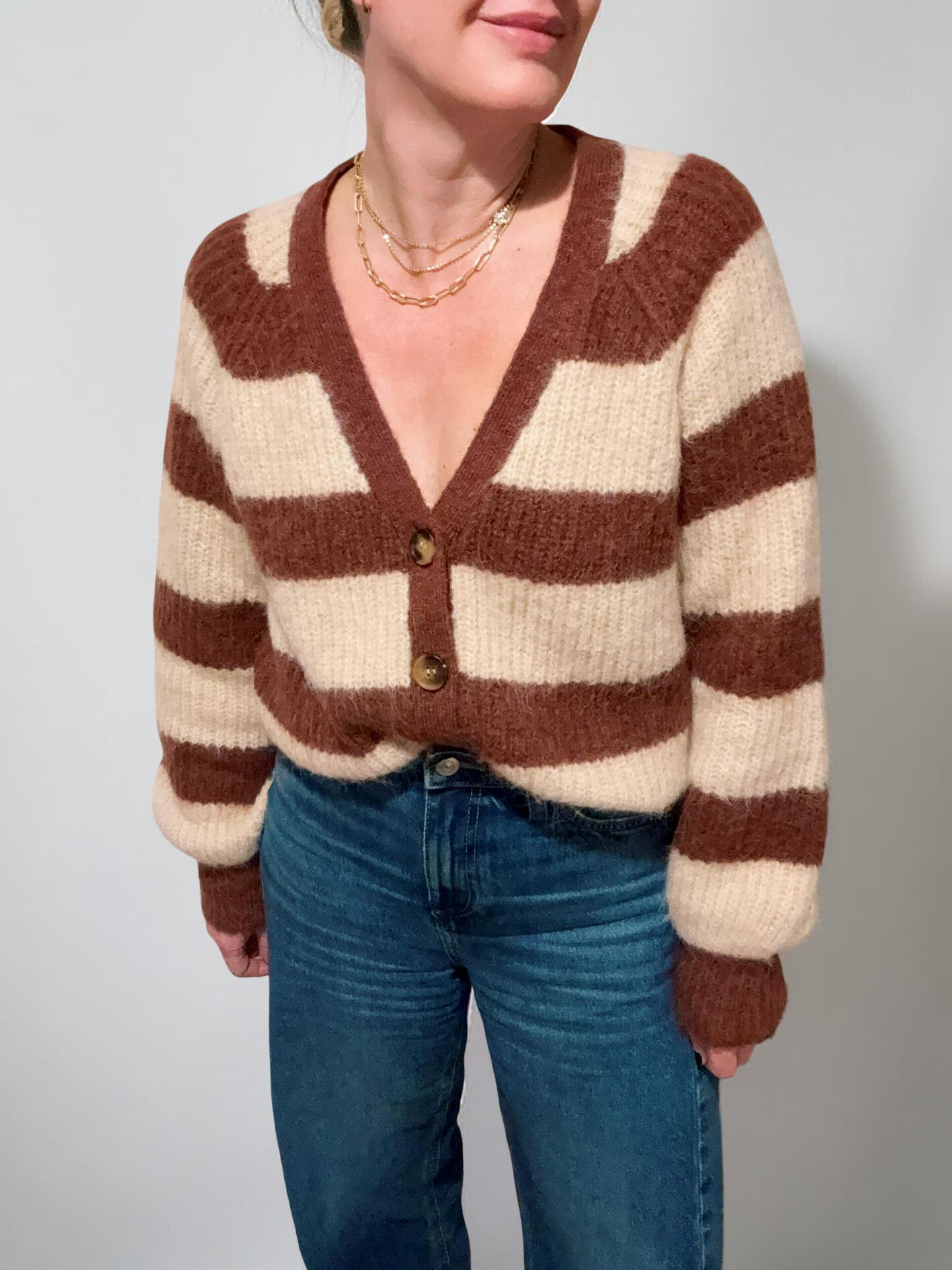 Joni Wide Stripe Wool Cardigan Brown Beige