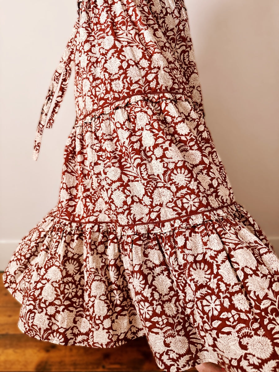 Laurel Cinnamon Block Print Organic Cotton Maxi Dress