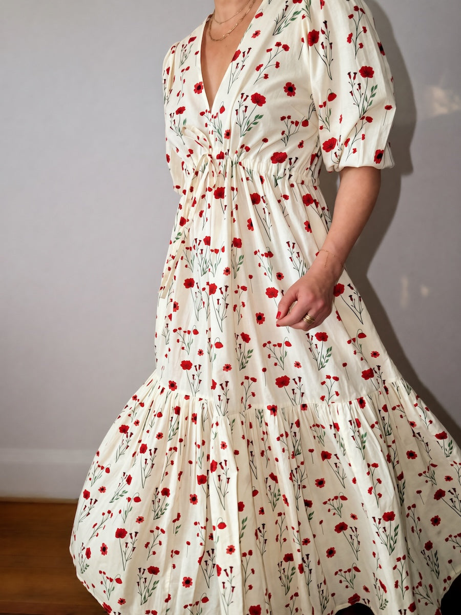 Vanessa Tiered Maxi Dress Red Stem Flower Print