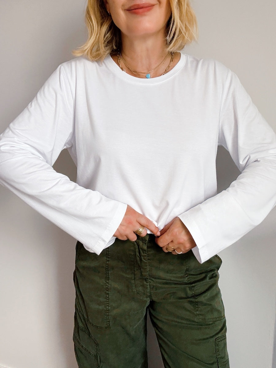 White long sleeve crew neck tee made from organic cotton and modal blend.