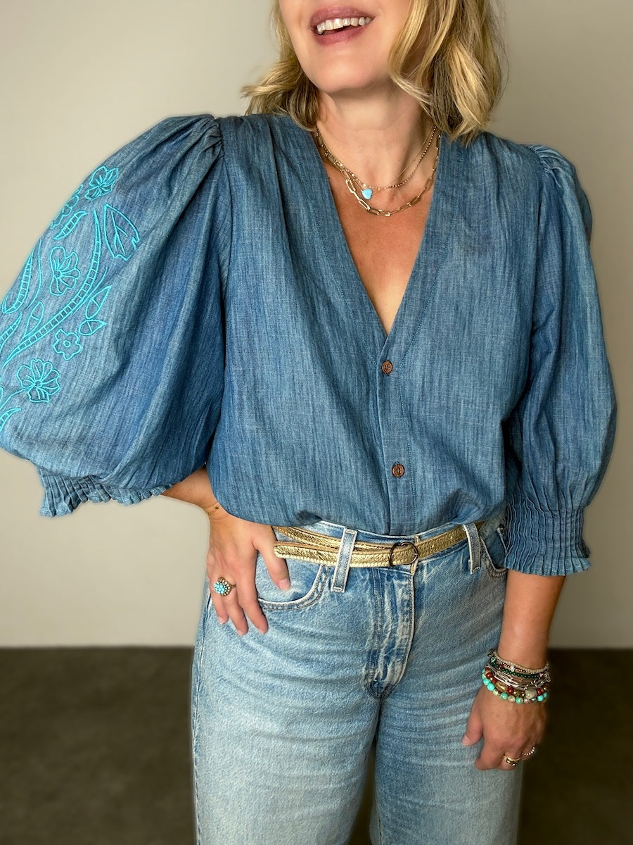 Blue denim chambray shirt with pleated cuff