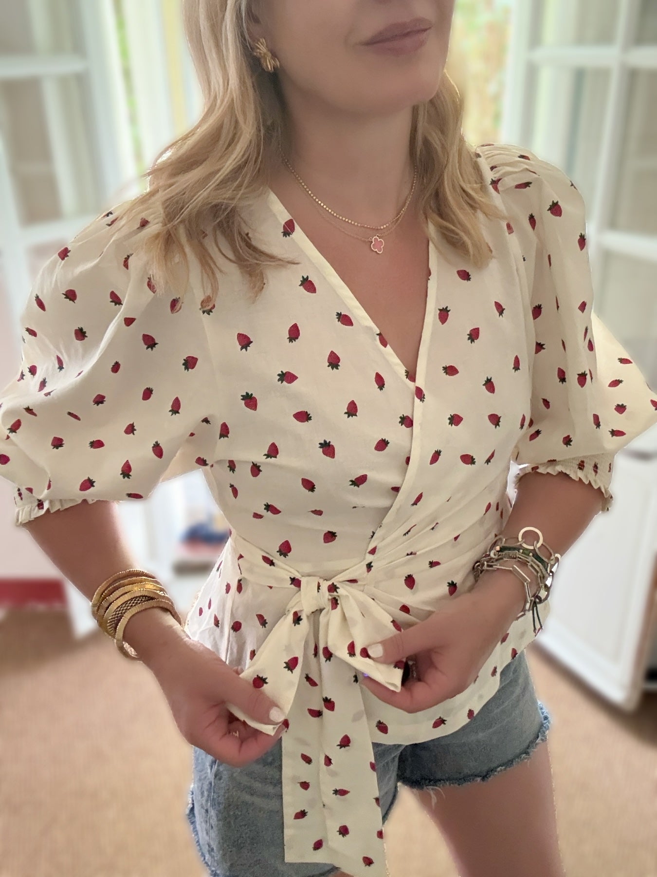 Cara Wrap Blouse with Shirred Cuff Red Strawberries