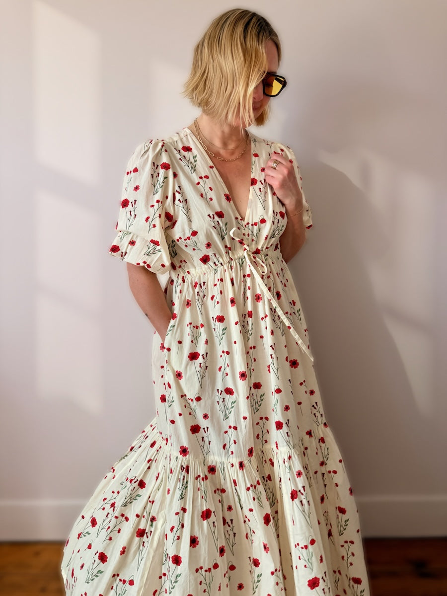 Vanessa Tiered Maxi Dress Red Stem Flower Print