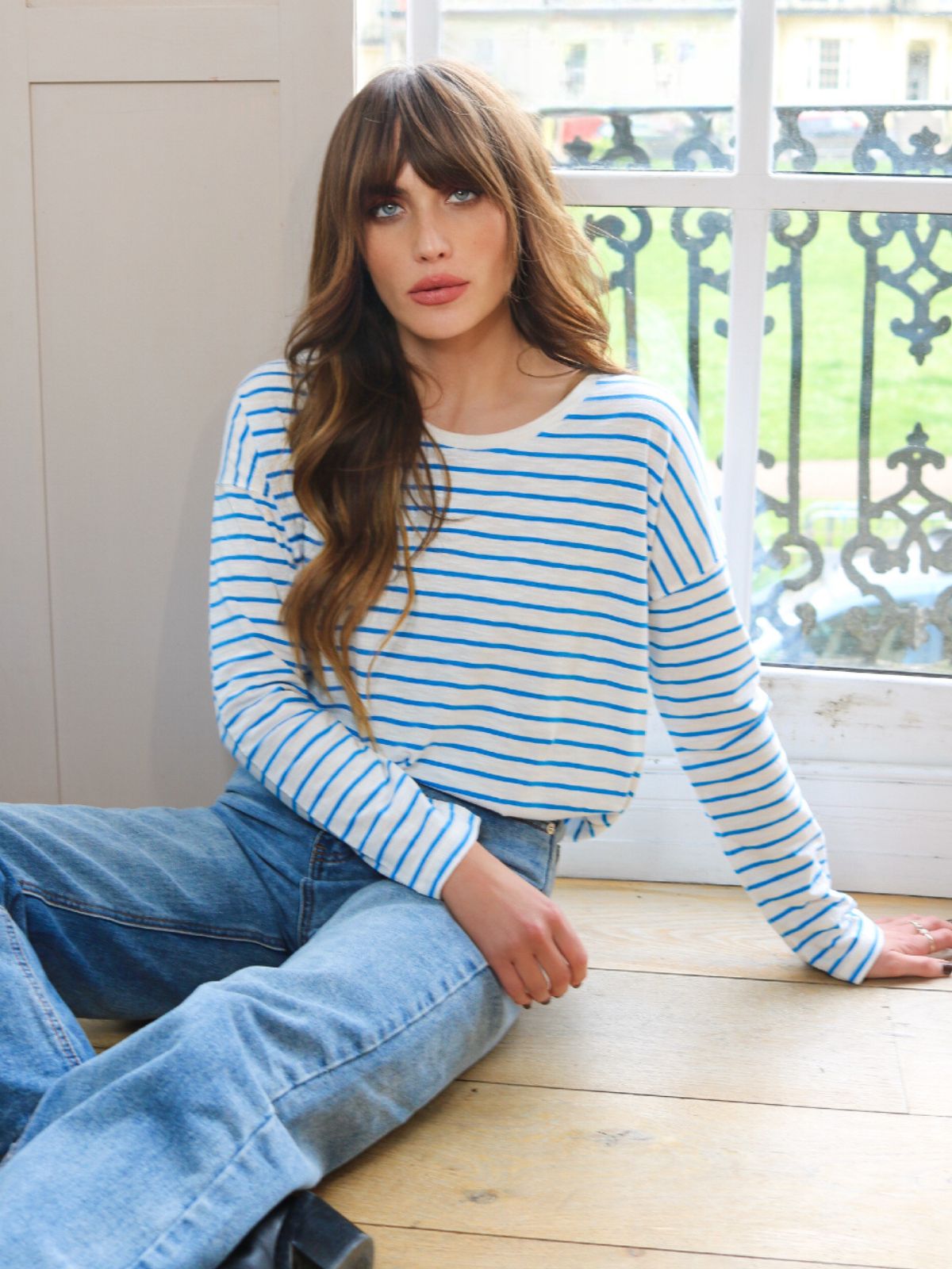 Bridget Long Sleeve Stripe Tee Azure blue White
