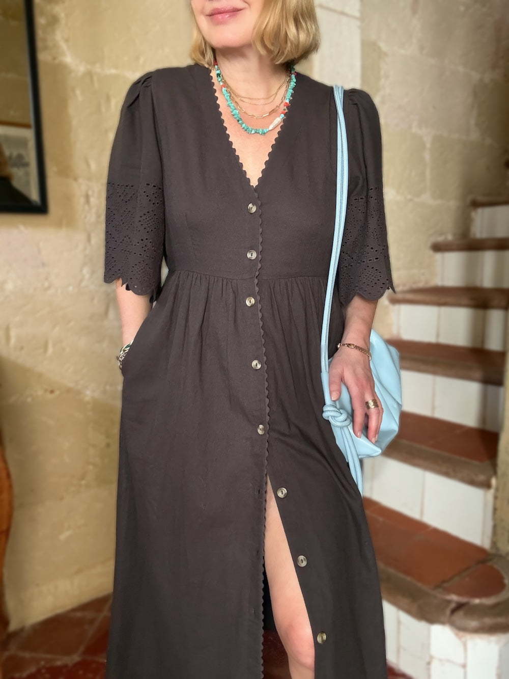 Ava Button Front Dress Lace Cut Sleeves Deep Chocolate Brown