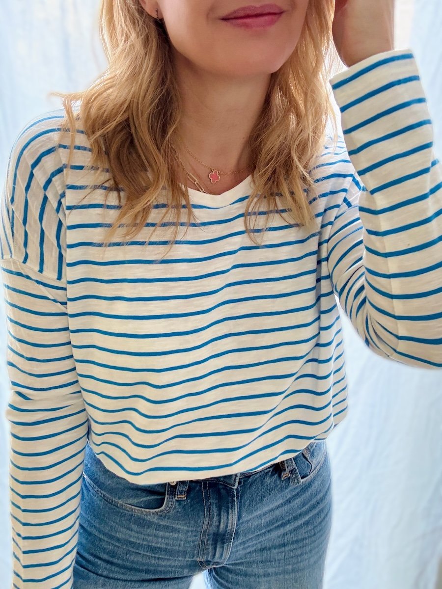 Bridget long sleeve stripe tee azure blue white | fwp by rae stripe top