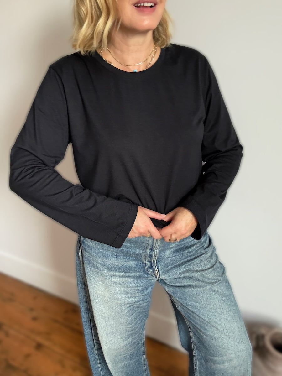 black long-sleeve tee made from organic cotton and modal blend. layering tee