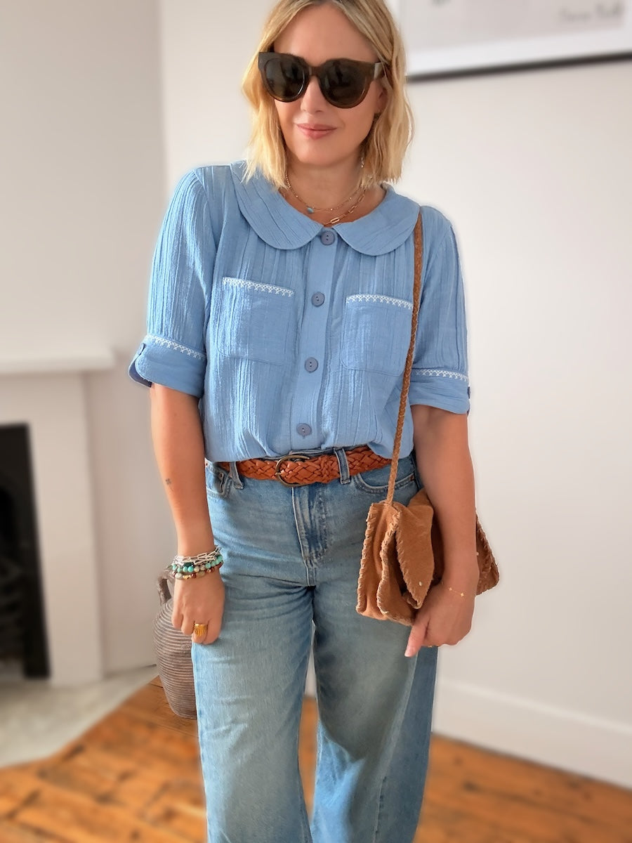 Farrah Crinkle Linen Blend Embroidered Short Sleeve Blouse Sky Blue
