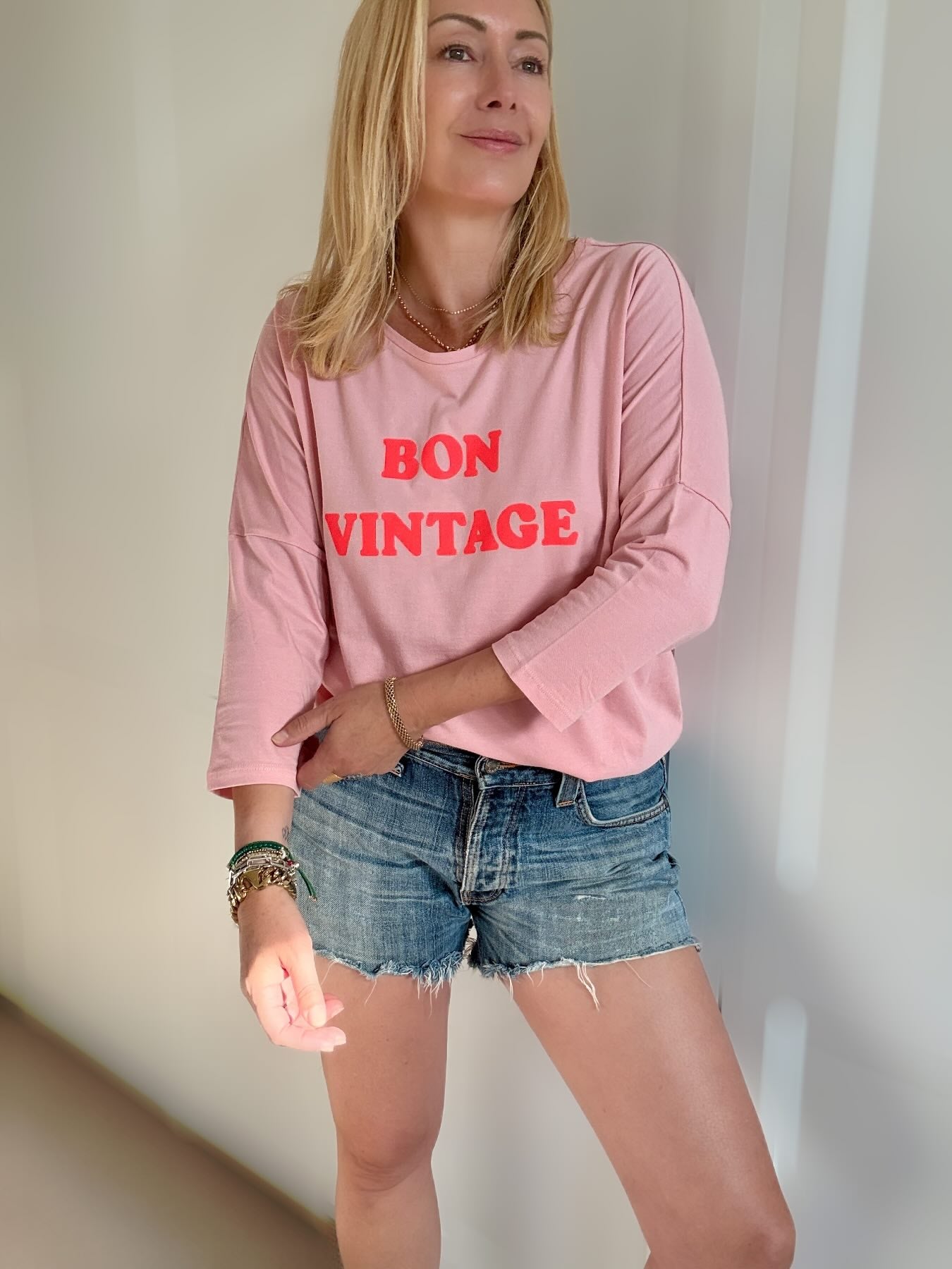 Bon Vintage 3/4 Sleeve Organic Cotton Top Pink Neon Coral