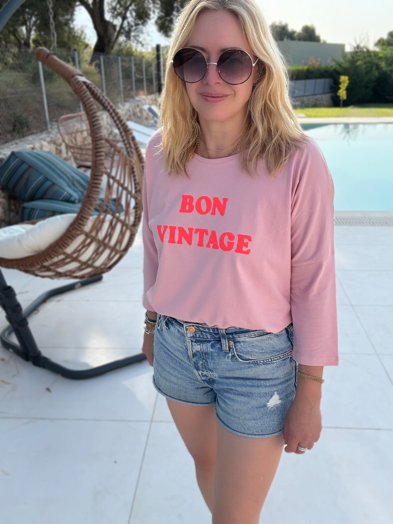 Bon Vintage 3/4 Sleeve Organic Cotton Top Pink Neon Coral