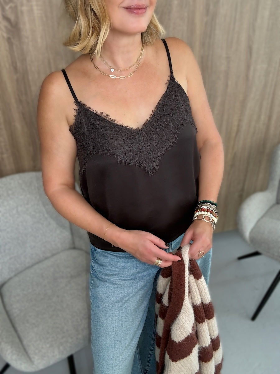 brown silky camisole with lace trim