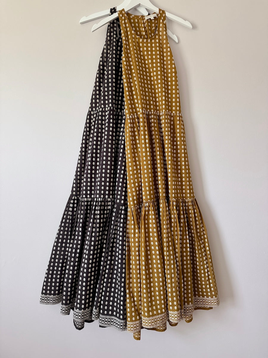 Celeste Organic Cotton Tiered Full Skirt Maxi Dress Deep Brown