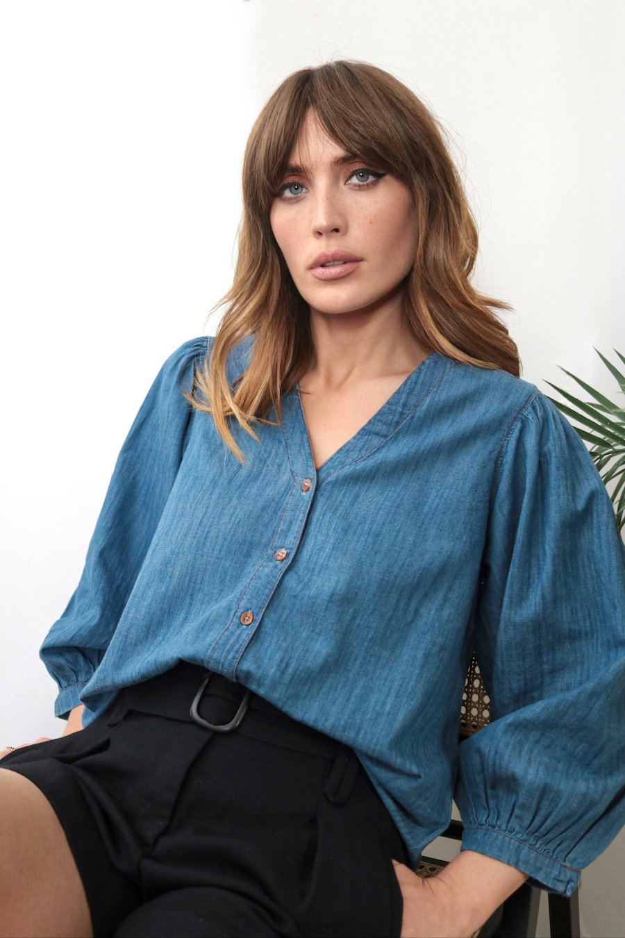 chambray puff sleeve blouse mid denim | fwp by rae | denim blouse