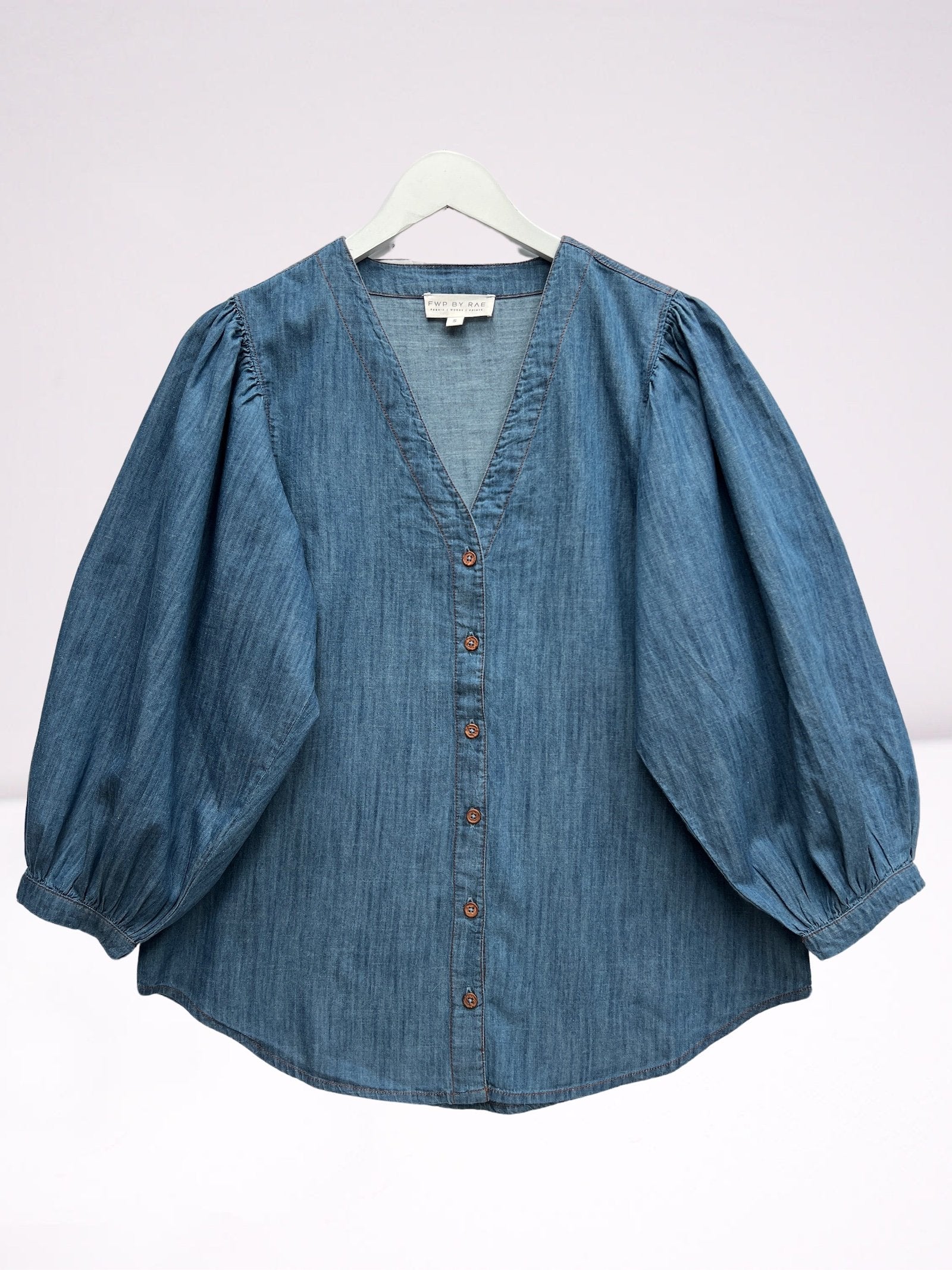 chambray puff sleeve blouse mid denim | fwp by rae | denim blouse