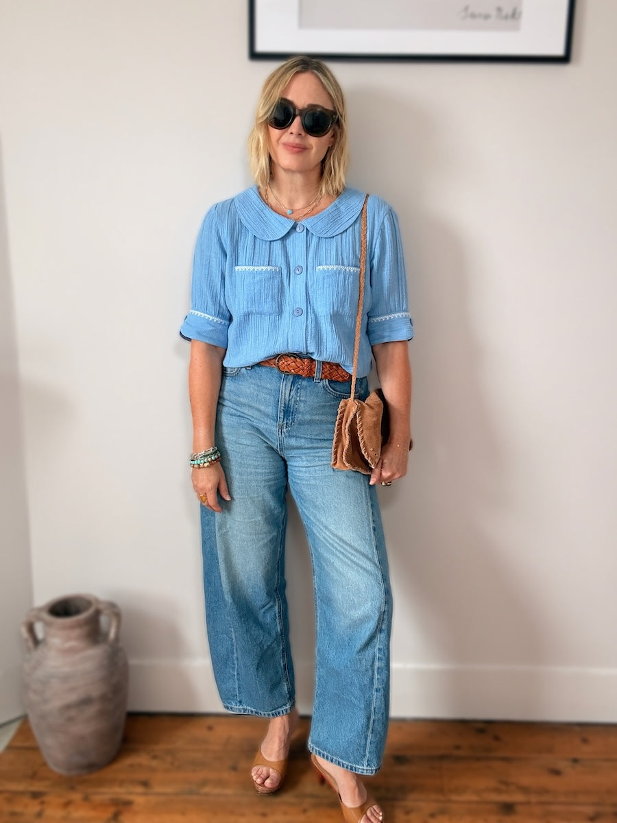 Farrah Crinkle Linen Blend Embroidered Short Sleeve Blouse Sky Blue
