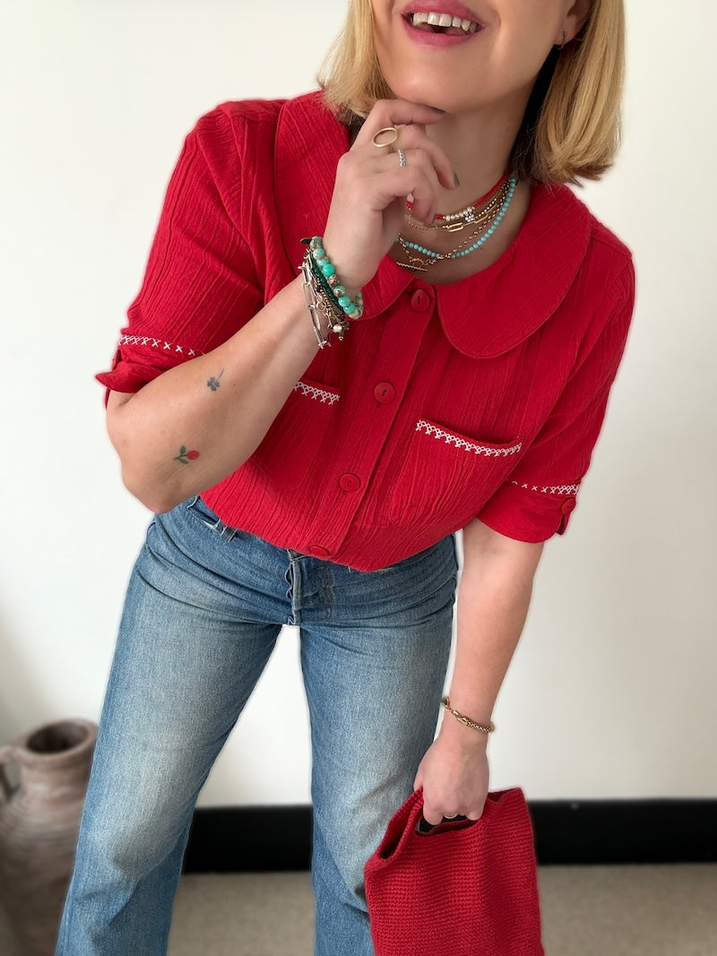 Farrah Crinkle Linen Blend Embroidered Short Sleeve Blouse Red