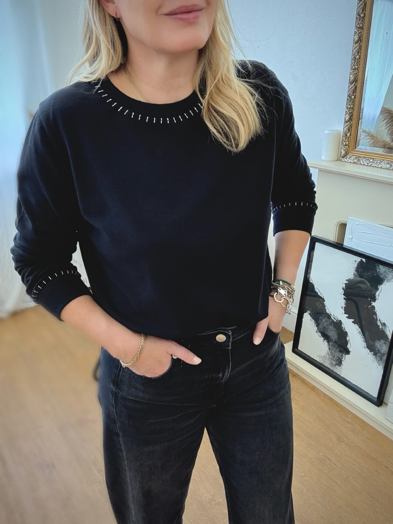 Maeve Fine Knit Blanket Stitch Sweatshirt Black