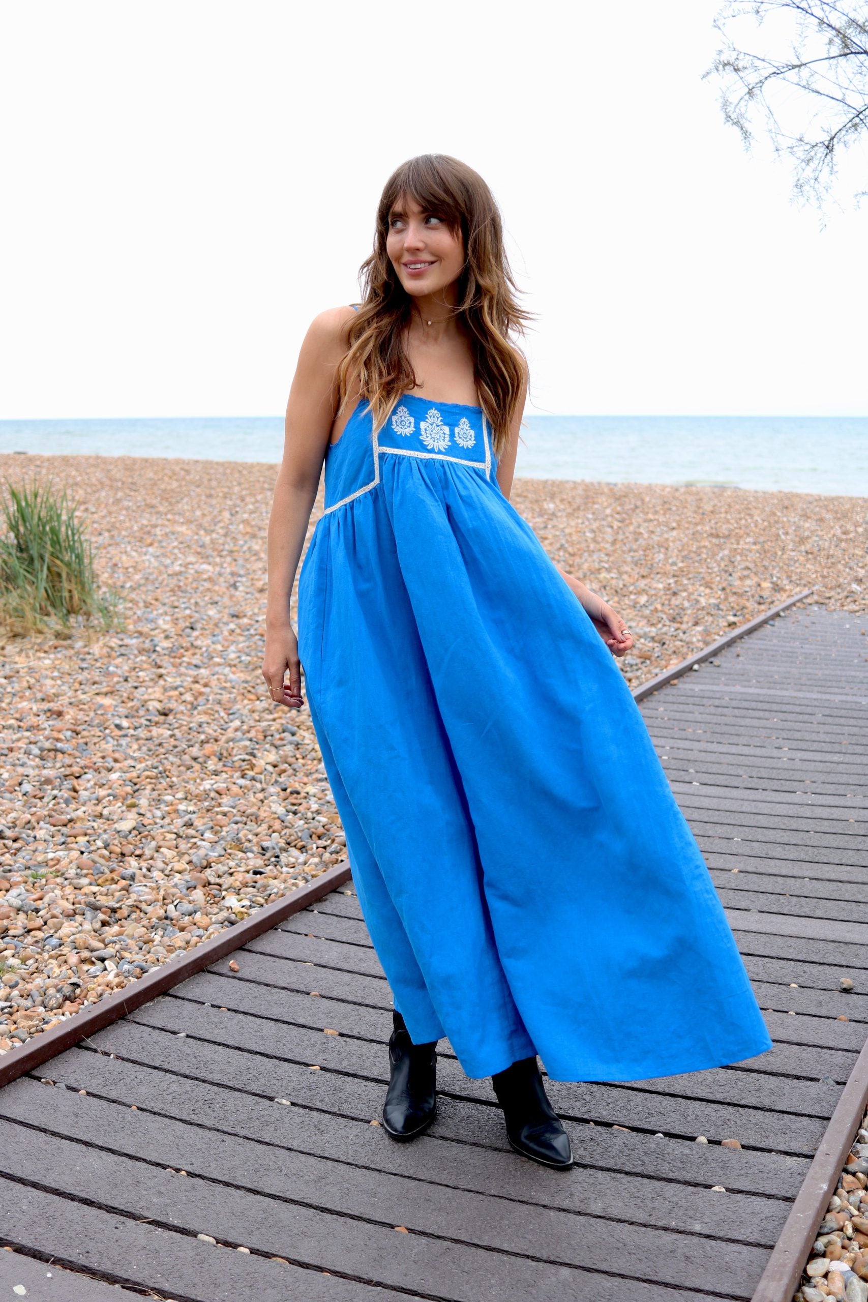 Florence Embroidered Linen Maxi dress Blue | fwp by rae