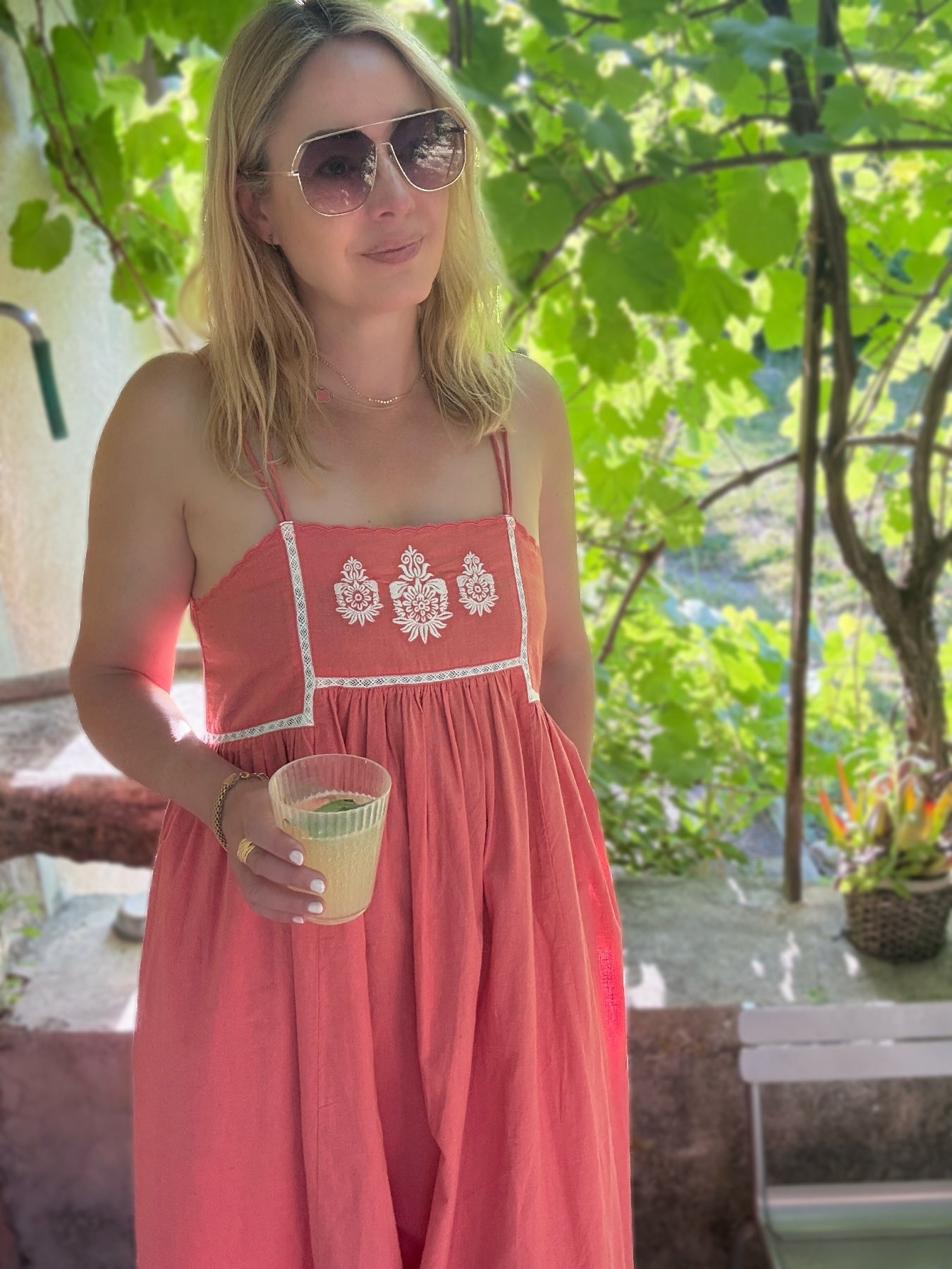 Florence Embroidered Linen Maxi Dress Terracotta Pink