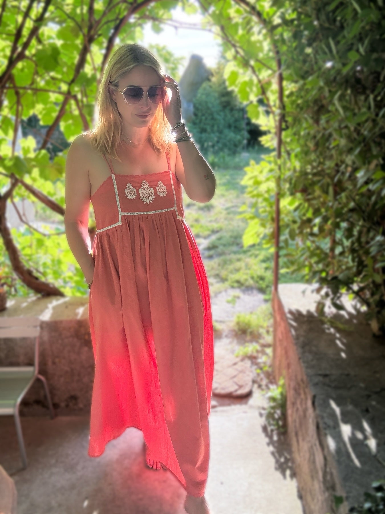 Florence Embroidered Linen Maxi Dress Terracotta Pink