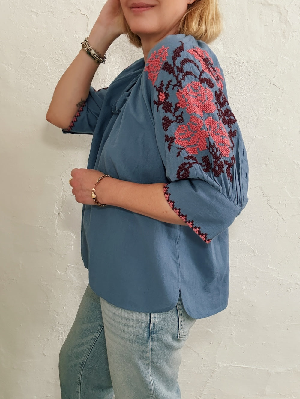 Gracey Boho Blouse Embroidered Sleeve Denim Blue
