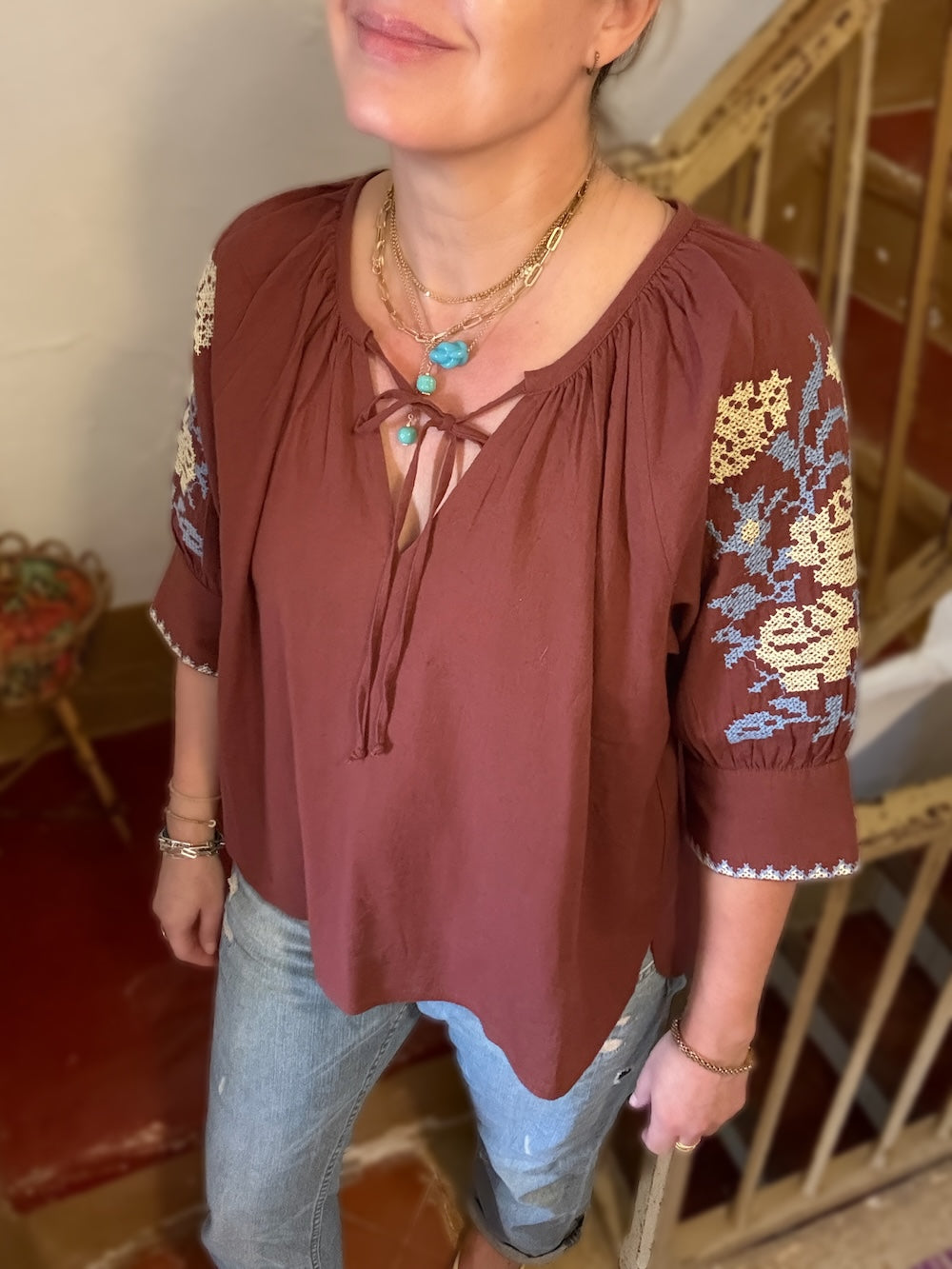 Gracey Boho Blouse Embroidered Sleeve Brandy Brown