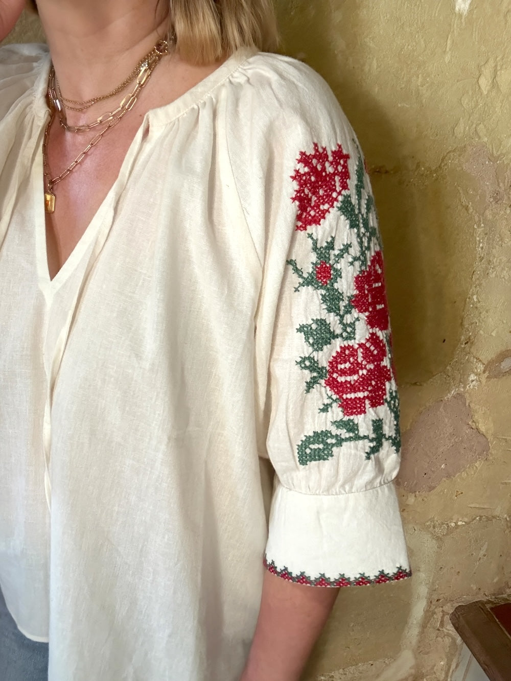 Gracey Boho Blouse Embroidered Sleeve Cream