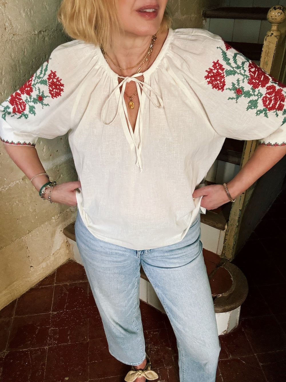 Gracey Boho Blouse Embroidered Sleeve Cream
