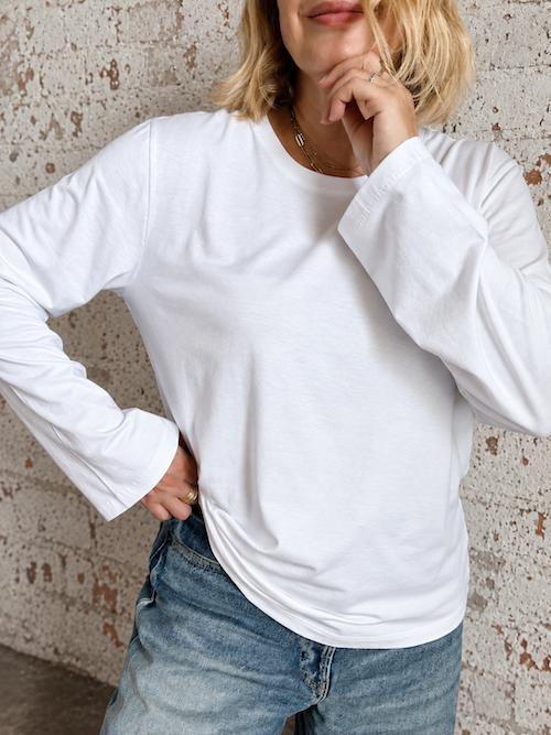 plain long sleeve white tee made from organic cotton and modal blend