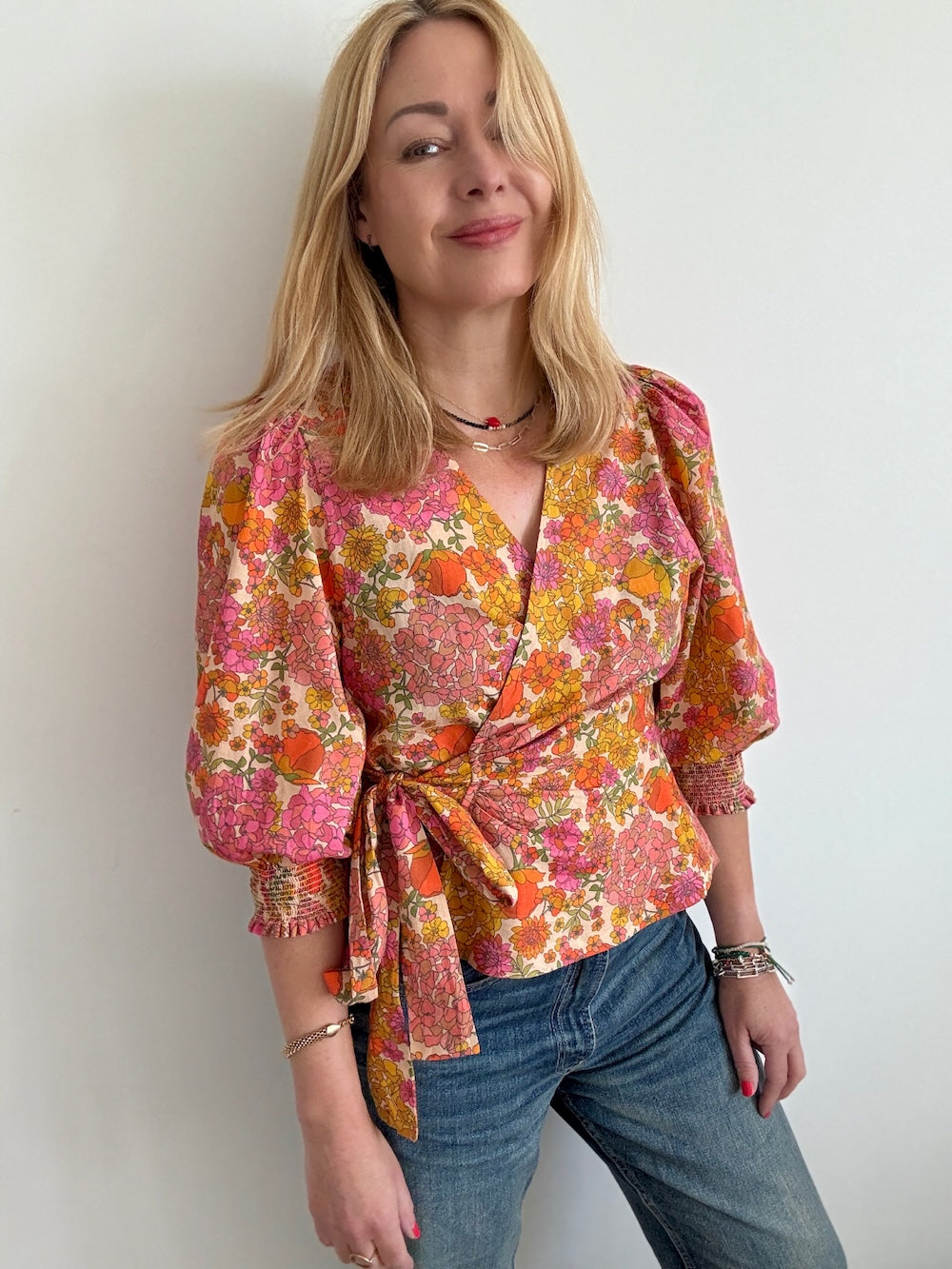 Cara Wrap Blouse with Shirred Cuff Vintage Floral Bloom