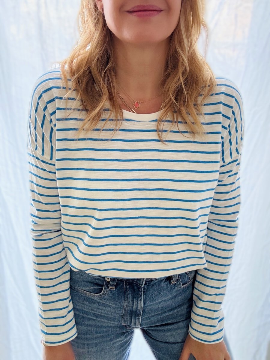 Bridget long sleeve stripe tee azure blue white | fwp by rae stripe top