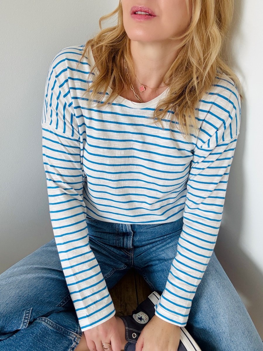 Bridget long sleeve stripe tee azure blue white | fwp by rae stripe top