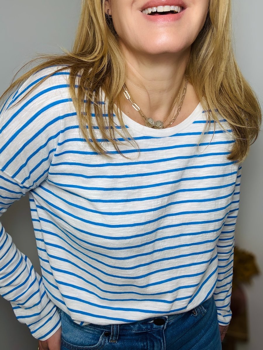 Bridget long sleeve stripe tee azure blue white | fwp by rae stripe top