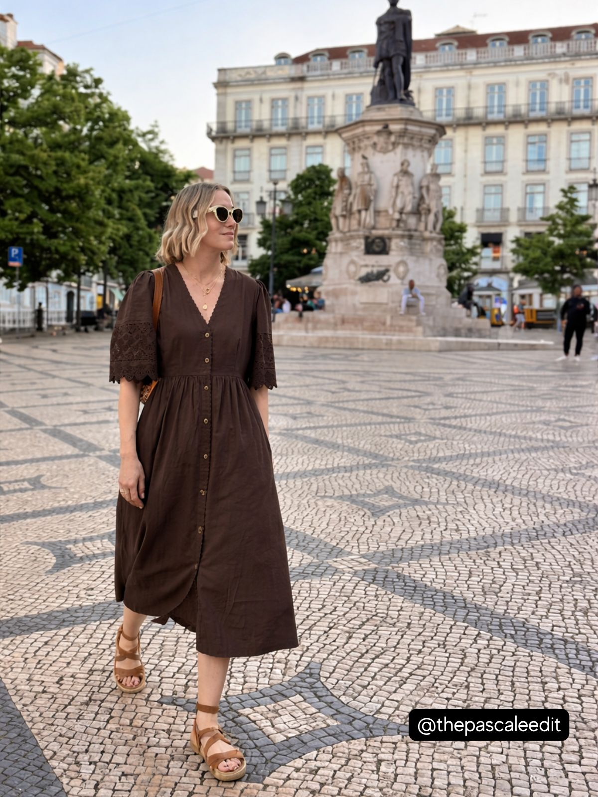 Ava Button Front Dress Lace Cut Sleeves Deep Chocolate Brown