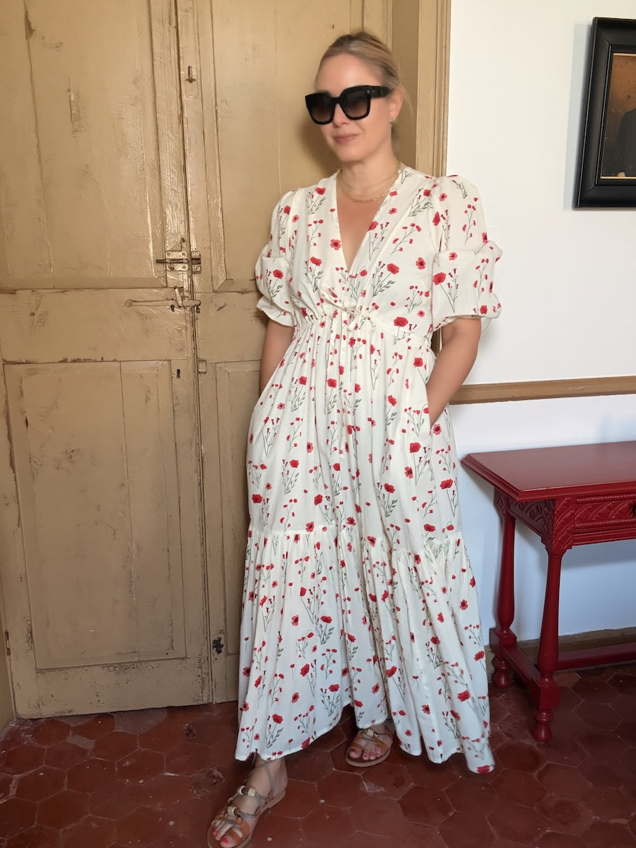 Vanessa Tiered Maxi Dress Red Stem Flower Print